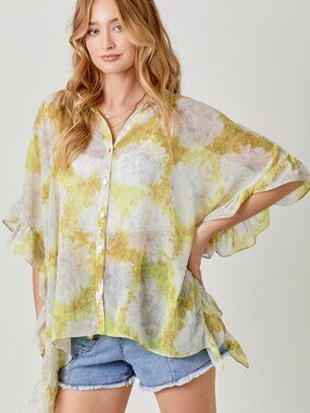 MYSTREE Yellow Abstract Floral Sheer Button Front Poncho Blouse Top Boho Resort